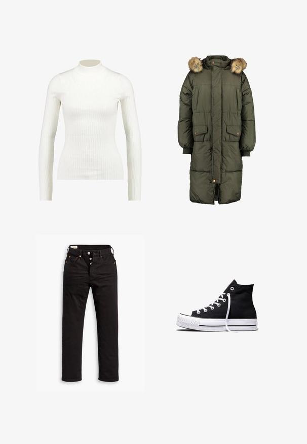 Manteau matelassé vert olive avec capuche et bordure en fausse fourrure, doté de deux poches avant et d'un motif matelassé. Fermeture éclair et boutons.; Haut à col roulé long à manches longues en blanc côtelé, au design ajusté et à la texture lisse, avec un col haut et une silhouette élancée.; Jean noir à jambe droite avec fermeture à boutons, poches avant et arrière, et détails en rivets cuivrés sur fond blanc.; Baskets montantes en toile noire avec semelle en caoutchouc blanche et lacets blancs, vues de côté sur un fond blanc.