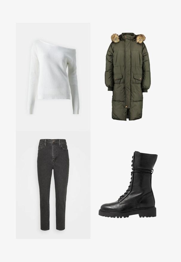 Manteau matelassé vert olive avec capuche et bordure en fausse fourrure, doté de deux poches avant et d'un motif matelassé. Fermeture éclair et boutons.; Pull blanc à épaules dénudées en maille côtelée, doté de manches longues, d'un ourlet ajusté et d'un motif texturé sur l'ensemble.; Jeans en denim noir taille haute avec une coupe slim, dotés d'une fermeture à bouton, de passants de ceinture et d'un design classique à cinq poches.; Bottes de combat en cuir noir avec une finition texturée, design montant jusqu'au genou, fermeture à lacets à l'avant et semelle en caoutchouc épaisse avec un motif strié.