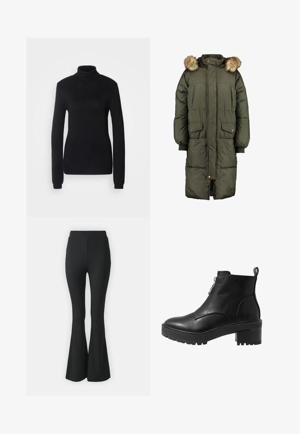Olivengrøn pufferjakke med hætte og faux fur trim, der har to frontlommer og et quiltet mønster. Lukning med knapper og lynlås.; Sort turtleneck sweater lavet af et blødt strikstof, med lange ærmer og en tætsiddende silhuet, der har ribbet krave og kant.; Sorte buks med flared design lavet af strækbart stof. Har en høj talje og et glat, tætsiddende design, der flared ud fra knæet og ned.; Sort læder ankelstøvle med lynlåslukning på siden, kraftig sort hæl og en struktureret sål for godt greb. Glat overflade med minimalt udsmykning.