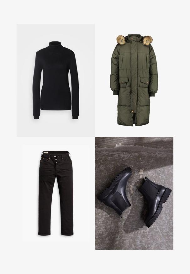 Manteau matelassé vert olive avec capuche et bordure en fausse fourrure, doté de deux poches avant et d'un motif matelassé. Fermeture éclair et boutons.; Pull en col roulé noir fabriqué dans un tissu en maille douce, présentant des manches longues et une silhouette ajustée avec un col et un ourlet côtelés.; Jean noir à jambe droite avec fermeture à boutons, poches avant et arrière, et détails en rivets cuivrés sur fond blanc.; Bottines noires à semelle épaisse, avec des panneaux élastiques et une finition en cuir lisse. Semelle extérieure striée bien visible et silhouette élégante.