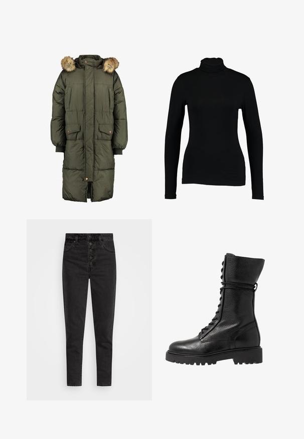 Olivengrøn pufferjakke med hætte og faux fur trim, der har to frontlommer og et quiltet mønster. Lukning med knapper og lynlås.; Sort langærmet turtleneck top lavet af glat stof, med et tætsiddende design og høj hals, velegnet til lag-på-lag brug eller som en selvstændig beklædningsgenstand.; Højtaljede sorte denimjeans med knaplukning, fem lommer og slim fit. Glat tekstur med minimal falmet og uden udsmykninger.; Sorte læder kampstøvler med en struktureret overflade, knæhøjt design, snørebånd foran og en kraftig gummisål med rillemønster.
