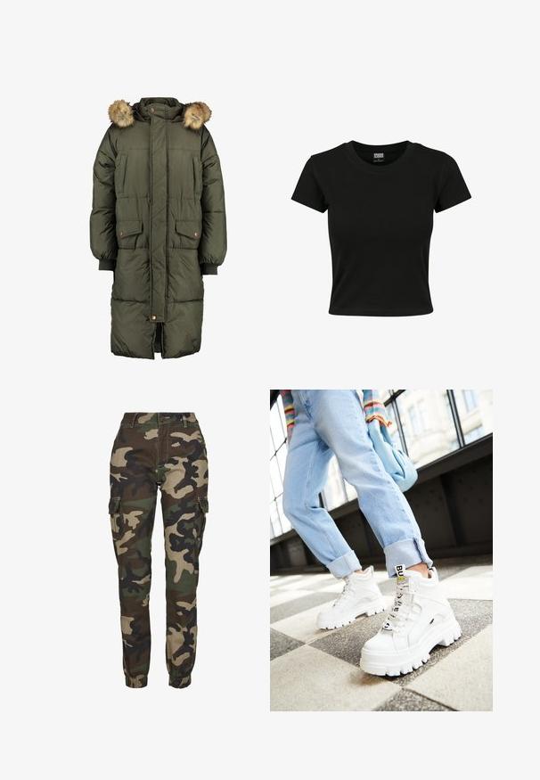 Olivengrøn pufferjakke med hætte og faux fur trim, der har to frontlommer og et quiltet mønster. Lukning med knapper og lynlås.; Sort kortærmet t-shirt lavet af glat bomuldsstof, med rund halsudskæring og en tætsiddende pasform. Ingen synlige mønstre eller accenter.; Kamuflage cargo bukser i nuancer af grøn, brun og sort; har elastiske manchetter, sidelommer og en sikker knaplukning.; Hvide klodsede sneakers med tykke såler, snørebånd foran og mærkeflag. Båret med lyseblå jeans med opsmøg på et mønstret gulv.