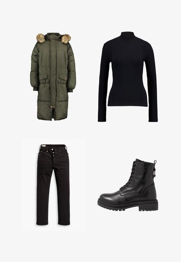 Olijfgroen pufferjack met een capuchon en nepbont, met twee frontzakken en een geborduurd patroon. Sluiting met knopen en rits.; EDITED MANON LONGSLEEVE - Longsleeve - black; Zwarte rechtlopende jeans met knoopsluiting, voor- en achterzakken, en koperen klinknagels op een witte achtergrond.; Zwarte leren enkelboot met ronde neus, vetersluiting aan de voorkant en een getextureerde rubberen zool. Hij heeft een lus aan de achterkant en versterkte stiksels.