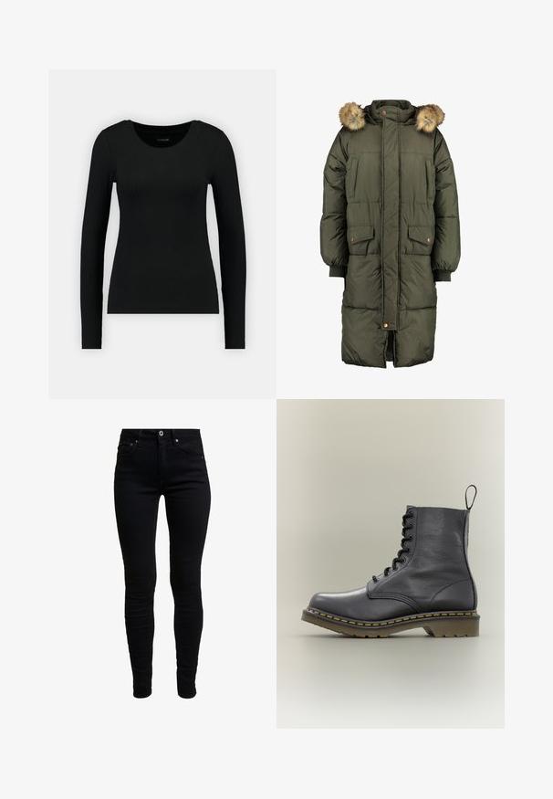 Olivengrøn pufferjakke med hætte og faux fur trim, der har to frontlommer og et quiltet mønster. Lukning med knapper og lynlås.; Sort langærmet skjorte lavet af ribbet stof. Har en rund halsudskæring og tætsiddende silhuet. Enkelt design uden mønstre eller accenter.; Sorte denim skinny jeans med høj talje, der har forlommer, en lille møntlomme og metalknaplukning. Blødt, strækbart stof.; Sort læderkampstøvle med 8 snørehuller, gummisål, gul syning og en træksløjfe bagpå. Har en struktureret overdel.
