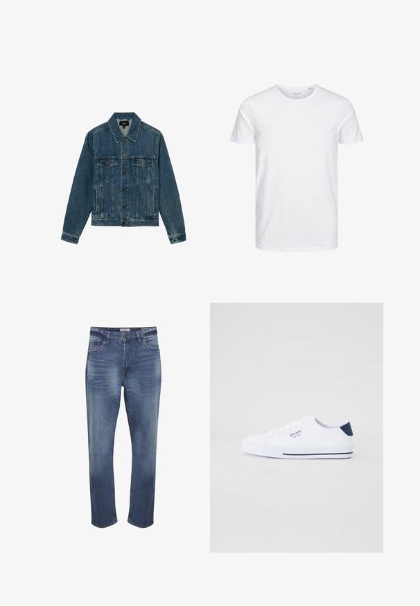Blaue Denimjacke mit Knopfleiste vorne, zwei Brustklappentaschen und seitlichen Eingrifftaschen, mit klassischem Kragen und langen Ärmeln.; Rundhals-T-Shirt mit kurzen Ärmeln in reinem Weiß, aus weicher Baumwolle, mit einem schlichten Design ohne sichtbare Muster oder Akzente.; Jeans aus Denim in mittlerem Blau mit einem verwaschenen Finish, Fünf-Taschen-Design, Reißverschluss und geradem Schnitt. Markante Nähte.; Weiße Canvas-Sneaker mit navyblauem Fersenakzent, flacher Gummisohle, runder Zehenpartie und weißen Schnürsenkeln. Mit Logo an der Seite.