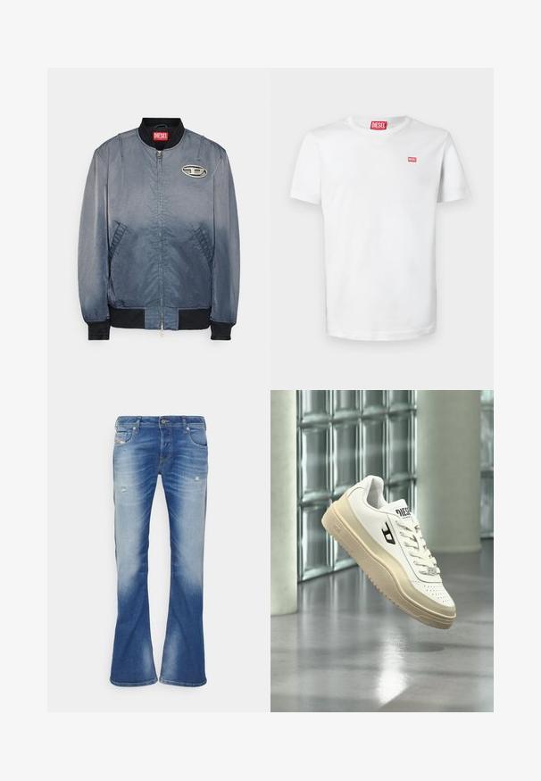Chaqueta bomber de tela en degradado azul con una textura suave. Presenta un cuello y puños de canalé, así como un parche con logo en el pecho. Cierre frontal con cremallera.; Camiseta blanca de algodón con cuello en v, mangas cortas y un pequeño logo rojo de Diesel en el pecho. Textura suave, diseño sencillo.; Vaqueros bootcut desgastados en azul con ligero desgarro en los muslos delanteros y diseño clásico de cinco bolsillos sobre fondo blanco.; Zapatilla blanca Diesel con suela beige suspendida sobre un suelo pulido, pared de ladrillos de vidrio y pilares de hormigón al fondo.