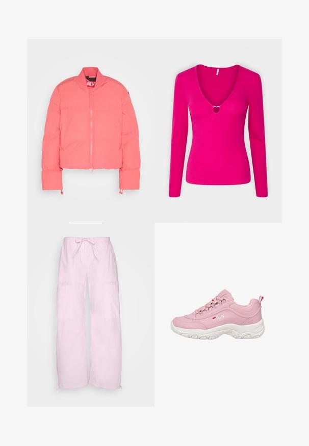 Rosa cropped puffer jakke med frontlynlås, ribbet krave, sidelommer og elastiske manchetter. Lavet af letvægts, polstret stof.; ONLY ONLALUNA HEART - Langærmet T-shirt - very berry; Lyserøde bukser med brede ben, snor i taljen, to sidelommer og elastiske manchetter ved kanten. Glat tekstur og løs pasform.; Rosa sneakers med en glat syntetisk overdel, hvid gummisål, snøre-design og FILA-logo på siden. Har en pull-tab ved hælen.