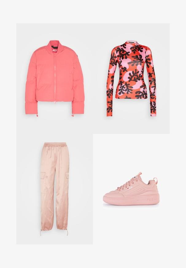 Rosa cropped puffer jakke med frontlynlås, ribbet krave, sidelommer og elastiske manchetter. Lavet af letvægts, polstret stof.; Monki Langærmet T-shirt - red/pink/multi-coloured; Even&Odd by Zalando Cargobukser - pink; Rosa sneaker med en glat syntetisk overdel, rund tådesign, teksturerede detaljer og en tyk platformsål. Indeholder snørebånd og logo detalje.