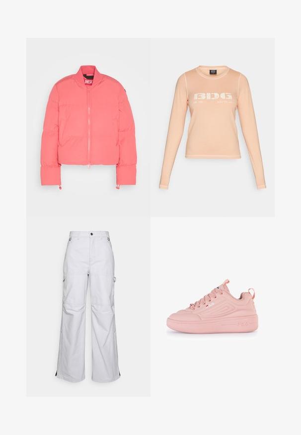 Chaqueta corta de plumón rosa con cierre frontal, cuello acanalado, bolsillos laterales y puños elásticos. Fabricada con un tejido ligero y acolchado.; Camiseta de manga larga en color durazno hecha de tela suave, con un estampado gráfico blanco que dice "BIDG EST. 1998 BUILT TO LAST" en el frente y costuras en contraste.; Pantalones cargo de pierna ancha en gris claro con bolsillos frontales, pasadores para cinturón, bolsillos laterales con cremallera, detalles de costura en las rodillas y acentos de anillo metálico en la cintura.; Zapatilla rosa con un upper sintético suave, diseño de punta redonda, acentos texturizados y una suela de plataforma gruesa. Presenta cordones y detalle del logo.