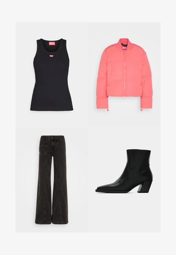 Rosa, kurz geschnittene Pufferjacke mit einem Frontreißverschluss, geripptem Kragen, Seitentaschen und elastischen Manschetten. Hergestellt aus leichtem, gepolstertem Stoff.; Schwarzes Tanktop aus Baumwolle mit rundem Ausschnitt, das ein kleines rotes Logo auf der Brust und eine taillierte Passform aufweist.; Schwarze weit geschnittene Jeans aus Denim, mit hoher Taille, frontalen Taschen und tonal abgesteppten Nähten.; Schwarze Leder-Stiefelette mit spitzem Zeh, schlanker Silhouette und klobigem quadratischem Absatz. Glatte Textur mit minimalen Nähdetails.