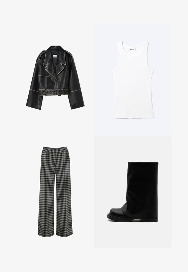 Chaqueta de cuero negra recortada con mangas amplias, costuras blancas en contraste, cuello con muesca, dos botones y un cinturón a juego.; Camiseta sin mangas blanca con textura de canalé, cuello redondo y una pequeña etiqueta que dice "WEEKDAY" en el interior del cuello.; ICHI IHKATE - Pantalones - vetiver; Bota alta negra de cuero con un caño superior ancho y suelto y una suela gruesa y redondeada sobre fondo blanco.