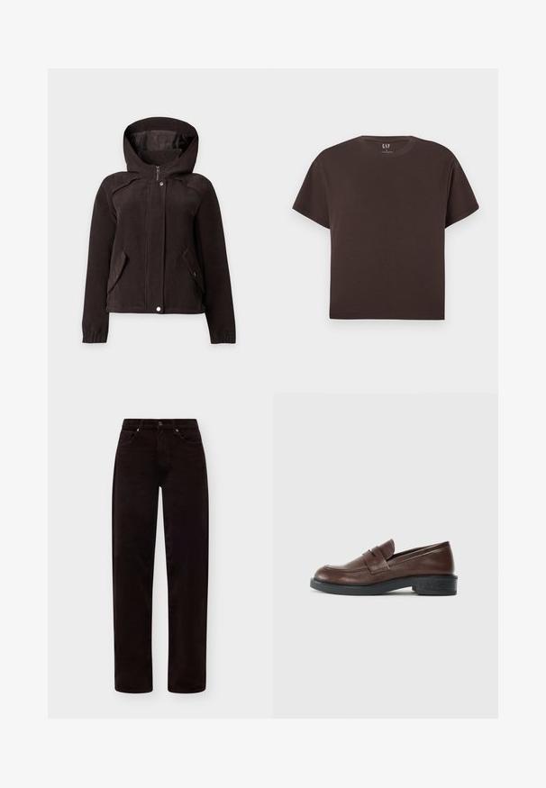 Chaqueta con capucha de pana marrón oscuro con cremallera frontal, botones automáticos, dos bolsillos diagonales con solapa y puños elásticos, mostrada sobre un fondo liso.; Camiseta de manga corta y cuello redondo de color marrón oscuro con corte recto y etiqueta GAP en el interior del cuello sobre un fondo gris claro.; Pantalones de pana marrón oscuro con cierre de botón y cremallera, bolsillos delanteros y corte recto, mostrados sobre un fondo liso.; Mocasines de cuero marrón con punta redondeada, que presentan una cinta decorativa en la parte superior y un tacón bajo de goma negra texturizada.