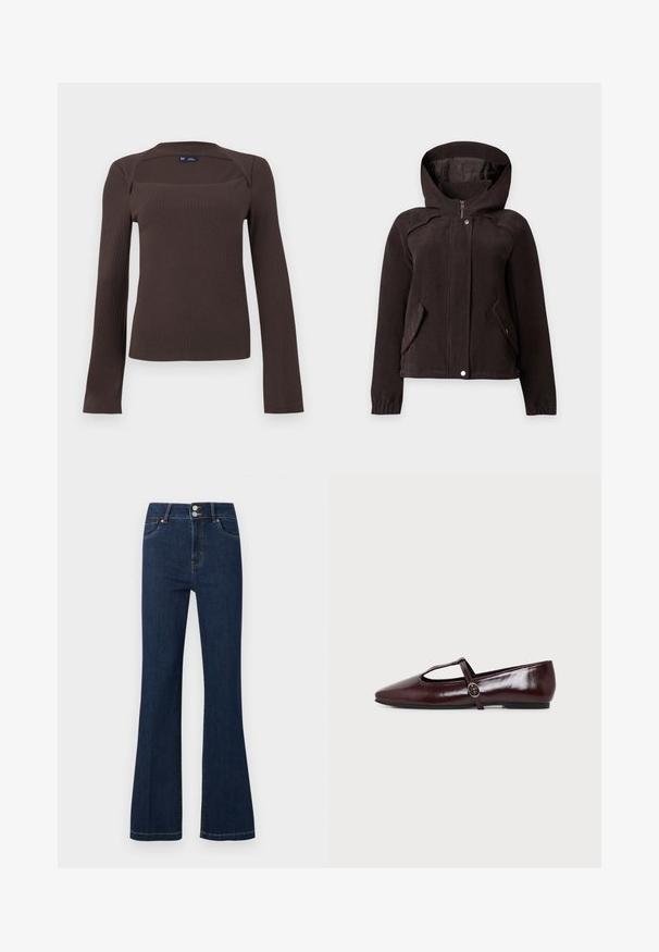 Veste à capuche en velours côtelé marron foncé avec fermeture éclair à l'avant, boutons-pression, deux poches à rabat diagonales et poignets élastiques, présentée sur un fond uni.; Haut à manches longues côtelé de couleur marron foncé avec un col carré et un léger détail de col, étiquette taille petite de GAP, présenté sur un fond uni.; Jean en denim bleu foncé avec taille haute, double bouton de fermeture, poches avant et jambes légèrement évasées.; Chaussure plate en cuir bordeaux foncé avec un bout pointu et une fine bride en T avec une boucle argentée sur fond blanc.