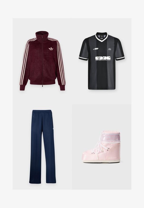 Veste de piste en velours bourgogne à fermeture éclair avec trois bandes blanches sur les manches et logo trefoil Adidas blanc sur la poitrine gauche.; Maillot de sport à manches courtes rayé noir et gris foncé avec bordure blanche, texte "EST. 1986" et logo "Mads Nørgaard Copenhagen" sur le devant.; Pantalon de survêtement bleu marine avec ceinture élastique, poches latérales zippées, coupe droite et petit logo blanc sur la cuisse droite.; Bottines Moon Boot rembourrées roses avec des lacets blancs enroulés, semelle épaisse et bande transparente avec le texte "Moon Boot" près du haut.