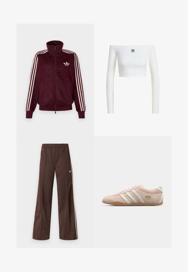 Bordeaux pluche zip-up trainingsjack met drie witte strepen op de mouwen en het witte Adidas trefoil logo op de linkerborst.; Witte off-shoulder crop top van ribstof, met lange mouwen en een klein zwart Adidas-logo aan de voorkant.; Bruine sportbroek met een wijd uitlopende pijp, witte zijstrepen, een elastische tailleband en twee zijzakken. Heeft een klein logo op het been.; adidas Originals TOKYO - Sneakers laag - quartz/off white