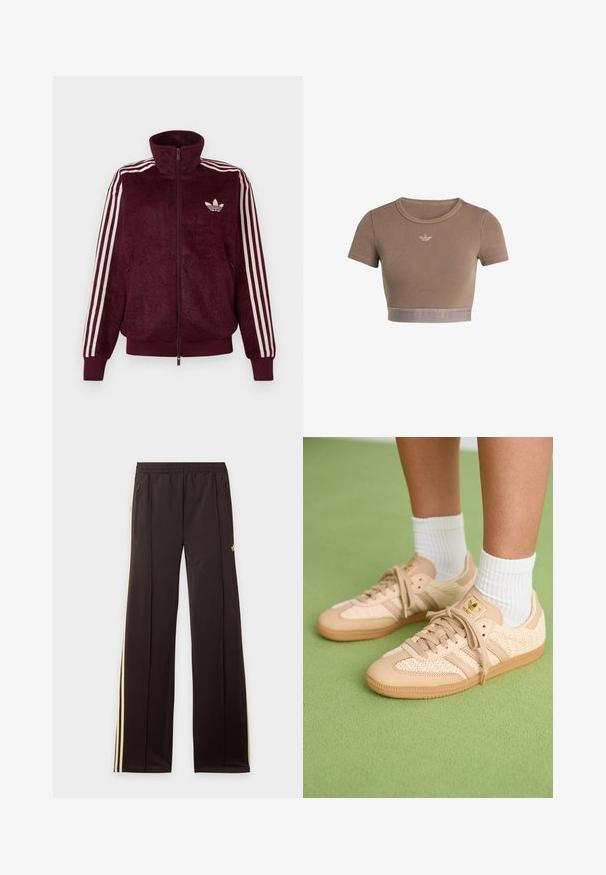 Burgunderfarbener, samtiger Zip-Up-Trainingsjacke mit drei weißen Streifen an den Ärmeln und weißem Adidas Trefoil-Logo auf der linken Brust.; Braunes, geripptes Crop-Top mit kurzen Ärmeln, rundem Ausschnitt und einem strukturierten Saumband am unteren Rand mit einem dezenten Logomuster.; Schwarze Jogginghose mit gelben Seitenstreifen, elastischem Bund, seitlichen Reißverschlusstaschen und kleinem Logo am oberen Oberschenkel.; Füße in beigen, gewebten Adidas-Sneakern mit Gummisohlen und weißen Knöchelsocken auf grüner texturierter Fläche.