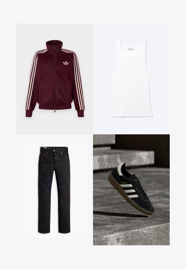 Burgundy blød lynlås træningsjakke med tre hvide striber på ærmerne og hvid Adidas trefoil-logo på venstre bryst.; Hvid ærmeløs ribstrikket top med rund halsudskæring og en lille label med teksten "WEEKDAY" indeni kraven.; Sorte denimjeans med lige pasform, fem lomme-design og knaplukning. Har kobbernitter og syningsdetaljer.; Sort Adidas-sneaker med hvide striber og gummisåler, svævende over grå betontrapper i naturligt lys.