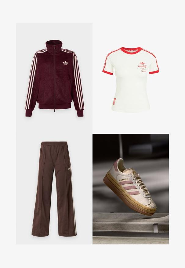 Bordeaux pluche zip-up trainingsjack met drie witte strepen op de mouwen en het witte Adidas trefoil logo op de linkerborst.; Wit T-shirt met korte mouwen, rode kraag, mouwzoom, strepen en Coca-Cola-logo op de borst en onderzijde.; Bruine sportbroek met een wijd uitlopende pijp, witte zijstrepen, een elastische tailleband en twee zijzakken. Heeft een klein logo op het been.; Witte suède sneakers met roze accenten, voorzien van drie strepen en een gouden logo. Textuur in de neuskap en een bruine rubberen zool. Klassiek ontwerp.
