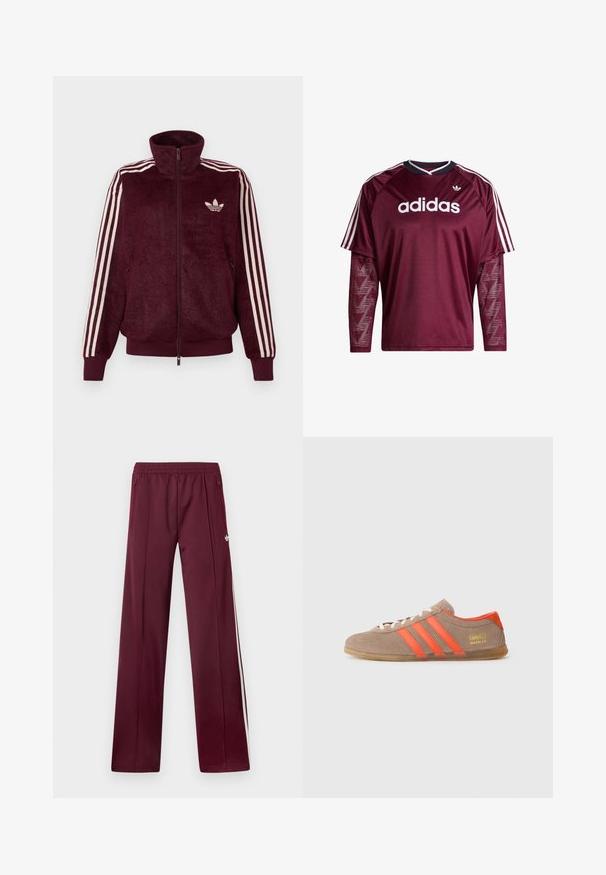 Chaqueta de chándal burdeos de felpa con cremallera, con tres rayas blancas en las mangas y el logo trefoil blanco de Adidas en el lado izquierdo del pecho.; Camiseta de manga larga Adidas color granate con mangas de malla, logo blanco y rayas en los hombros, cuello en blanco y negro, vista frontal.; Pantalones deportivos burdeos con cinturilla elástica, bolsillos laterales con cremallera, rayas blancas a los lados y un pequeño logotipo blanco de Adidas en el muslo derecho.; Zapatillas de ante marrón con tres rayas naranjas brillantes, parte frontal con cordones y el logo dorado "Gazelle" en el lateral. Suela de goma plana.