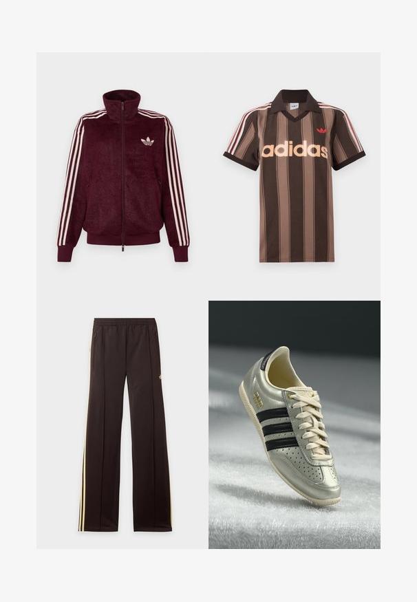 Bordeaux pluche zip-up trainingsjack met drie witte strepen op de mouwen en het witte Adidas trefoil logo op de linkerborst.; Bruine gestreepte Adidas polo met V-hals, bordeauxrode kraag en rood logo. Heeft witte en rode schouderstrepen, korte mouwen.; Zwarte trainingsbroek met gele zijstrepen, elastische tailleband, ritszakken aan de zijkant en een klein logo op het bovenbeen.; Lichtgrijze leren sneaker met zwarte strepen, geperforeerde details, beige veters en een gouden logopatch. Gedeelte rubberen zool.