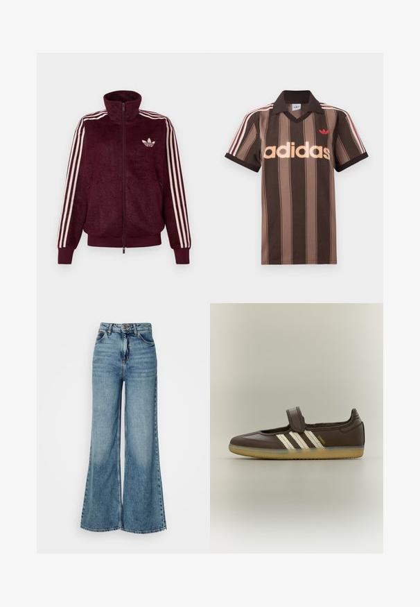 Veste de piste en velours bourgogne à fermeture éclair avec trois bandes blanches sur les manches et logo trefoil Adidas blanc sur la poitrine gauche.; Polo Adidas rayé marron avec col en V, col bordeaux, et logo rouge. Comprend des rayures blanches et rouges sur les épaules, manches courtes.; Jean en denim taille haute, bleu clair, à jambes larges, avec poches avant et fermeture à bouton, présenté sur un fond blanc uni.; Chaussure Adidas Samba marron avec des bandes blanches, semelle en gomme et une seule bride Velcro sur le dessus, vue de profil.