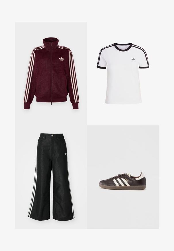 Chaqueta de chándal burdeos de felpa con cremallera, con tres rayas blancas en las mangas y el logo trefoil blanco de Adidas en el lado izquierdo del pecho.; Camiseta blanca de manga corta con detalles en negro, con cuello redondo y tres rayas negras en cada hombro. Pequeño logo negro en el pecho.; Pantalones de denim anchos y negros con tres franjas blancas en cada lado y un pequeño logo blanco. Cuenta con bolsillos frontales y un cierre de botón.; Zapatillas deportivas de cuero marrón oscuro con diseño de tres franjas blancas, suela de goma y la palabra "Samba" en letras doradas en el lateral. Forma clásica de corte bajo.