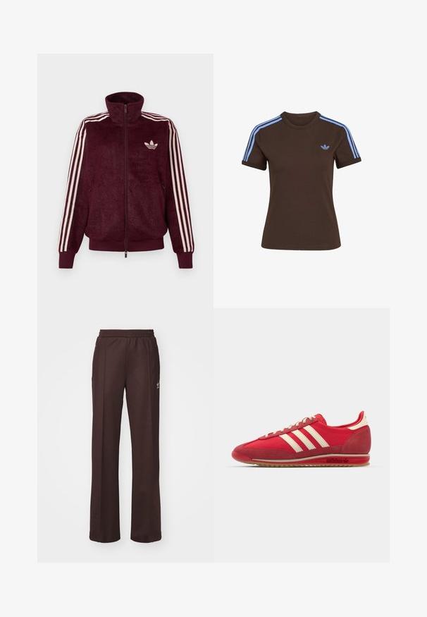 Chaqueta de chándal burdeos de felpa con cremallera, con tres rayas blancas en las mangas y el logo trefoil blanco de Adidas en el lado izquierdo del pecho.; Camiseta marrón de manga corta con tres rayas azul claro en los hombros y pequeño logo de Adidas azul claro en el pecho izquierdo.; Pantalones deportivos marrones con una cinturilla elástica, dos bolsillos laterales y un pequeño logo en el lado izquierdo, hechos de una tela suave.; Zapatilla deportiva roja con parte superior texturizada, tres rayas blancas, puntera redonda y suela de goma con detalles del logo en el costado.