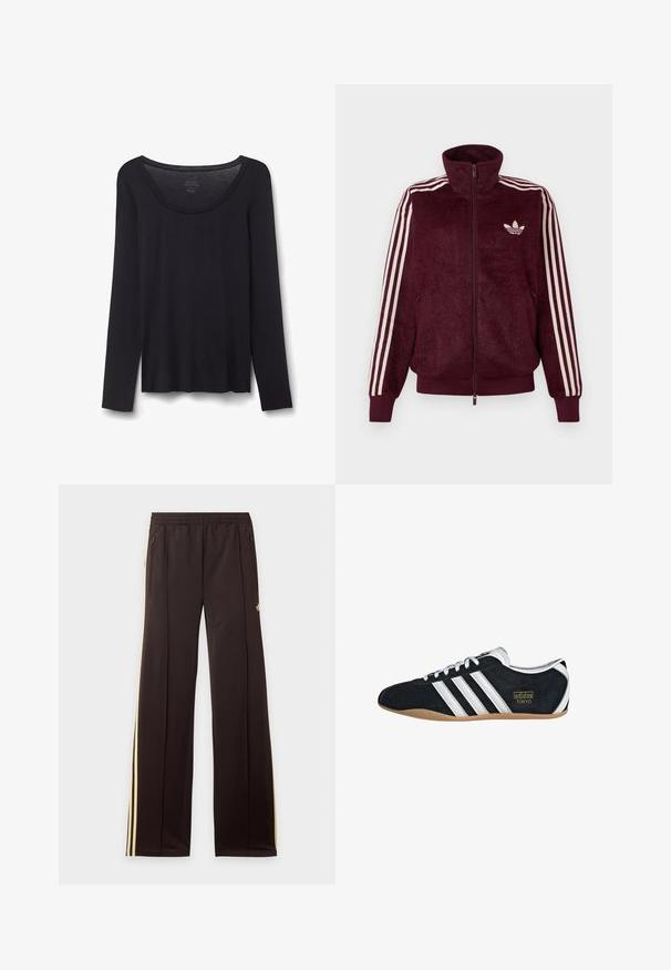 Chaqueta de chándal burdeos de felpa con cremallera, con tres rayas blancas en las mangas y el logo trefoil blanco de Adidas en el lado izquierdo del pecho.; Camisa negra ligera de algodón con mangas largas y cuello redondo, talla pequeña, extendida sobre fondo blanco.; Pantalones de chándal negros con rayas amarillas laterales, cintura elástica, bolsillos laterales con cremallera y un pequeño logo en el muslo superior.; Zapatillas de ante negro con tres franjas blancas, logotipo dorado y suela de goma marrón. Presentan un diseño de cordones de perfil bajo.