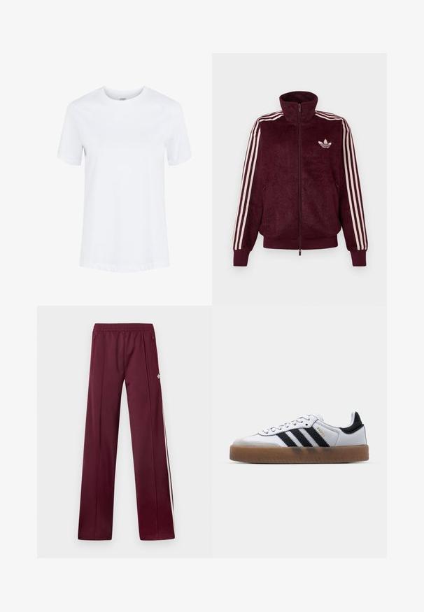 Burgundy blød lynlås træningsjakke med tre hvide striber på ærmerne og hvid Adidas trefoil-logo på venstre bryst.; Hvid kortærmet bomuld T-shirt med rund hals og foldede ærmekanter, vist på en ensartet hvid baggrund.; Bordeaux løbebukser med elastisk taljebånd, sidelommer med lynlås, hvide sidelommer og et lille hvidt Adidas-logo på højre lår.; Hvide lædersneakers med sorte striber, gummirubber sål, rund tå, snørelukning og blød grå ruskinds tåhætte.