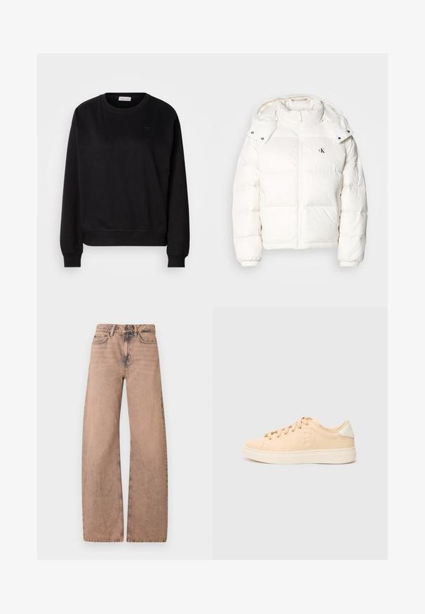 Weißer Daunenjacke mit Reißverschluss, hohem Kragen und verstellbarer Kapuze. Merkmale sind elastische Bündchen und kleines Logo auf der Brust.; Schwarzer Pullover aus weichem Material, mit rundem Hals, gerippten Bündchen und einem kleinen CK-Logo auf der Brust. Einfaches, minimalistisches Design.; Hellbraune, weit geschnittene Jeans aus Denim mit klassischem Bund, Fünf-Taschen-Design und verwaschenem Look.; Beiger Sneaker mit glatter, matter Oberfläche, rundem Zehenbereich und Schnürverschluss. Hat eine kontrastierende weiße Ferse und dezente Markenkennzeichnung an der Seite.