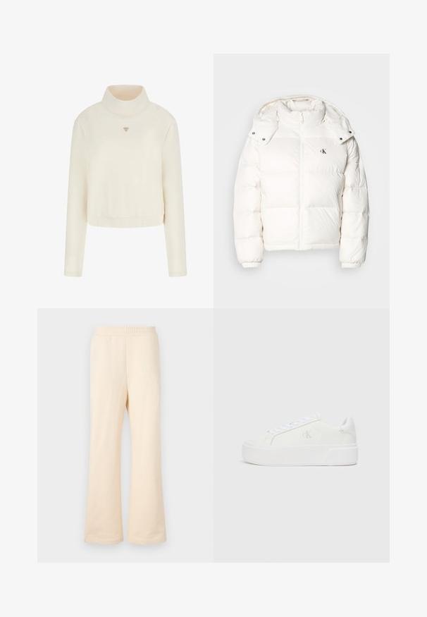 Witte pufferjack met ritssluiting, hoge kraag en een verstelbare capuchon. Kenmerken zijn elastische manchetten en een klein logo op de borst.; Guess Sweater - crema; Beige wijde sweatpants gemaakt van zachte katoen, met een elastische tailleband en een subtiel geborduurd logo op de linkerkant voor.; Witte platform sneakers met een gladleren bovenkant, ronde neus, witte veters en subtiele logodetail aan de zijkant. Platte rubberen zool.