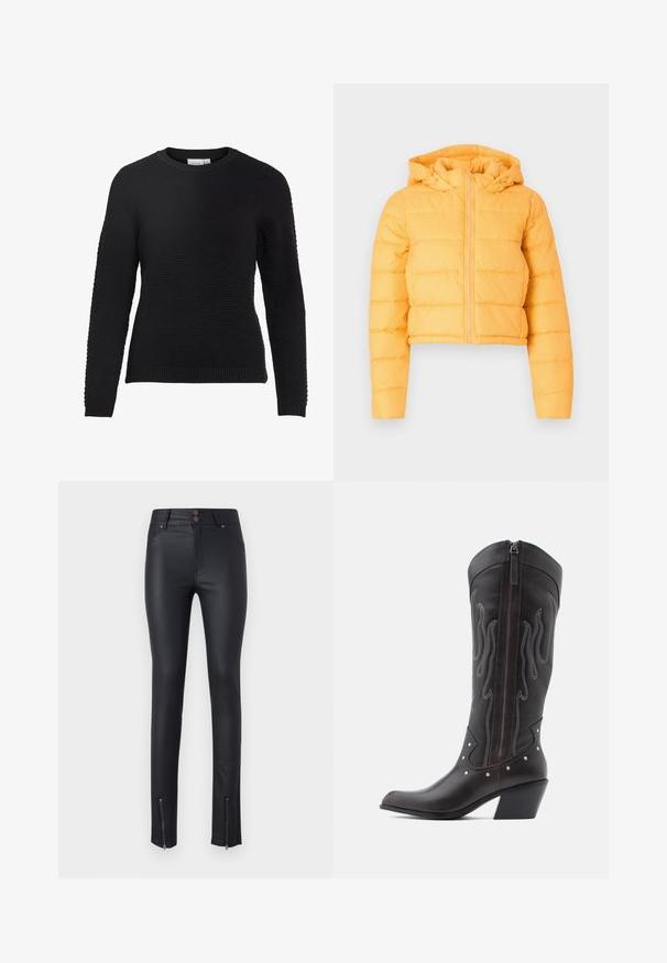 Veste cropped en duvet jaune avec capuche, présentant des sections matelassées verticales et une fermeture éclair à l'avant. Texture de tissu douce.; Pull en tricot noir avec un motif texturé, col rond, et poignets et ourlet côtelés. Manches longues et design ajusté.; Pantalons skinny en simili cuir noir avec deux poches avant, fermeture à double bouton et zips à la cheville pour un ajustement réglable. Texture lisse sur toute la surface.; Bottes de cowboy en cuir marron avec surpiqûres en forme de flammes, fermeture éclair latérale, clous argentés, bout pointu et talon superposé.
