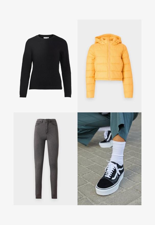 Gelbe, verkürzte Puffjacke mit Kapuze, die vertikale gesteppte Abschnitte und einen Frontreißverschluss aufweist. Weicher Stofftextur.; Schwarzer Strickpullover mit einem strukturierten Muster, Rundhalskragen und gerippten Bündchen und Saum. Lange Ärmel und eine taillierte Passform.; Hoch taillierte, schmal geschnittene dunkelgraue Jeans aus Denim mit Vorder- und Gesäßtaschen, Knopfverschluss und sichtbaren Nahtdetails.; Schwarze Wildledersneaker mit weißen Akzenten und Schnürsenkeln, ausgestattet mit einer dicken weißen Sohle und kontrastierenden Nähten, kombiniert mit einer weißen Socke.