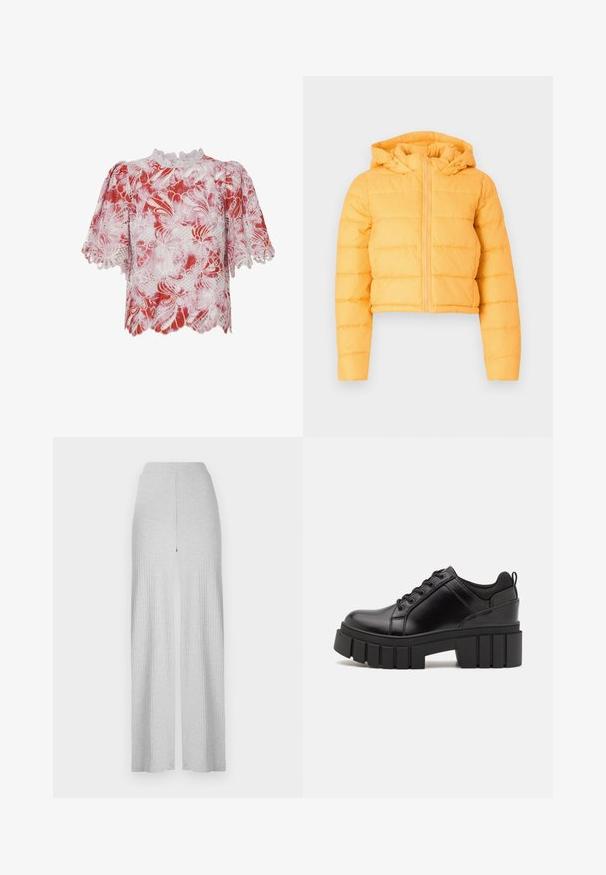 Veste cropped en duvet jaune avec capuche, présentant des sections matelassées verticales et une fermeture éclair à l'avant. Texture de tissu douce.; Blouse rouge et blanche à manches courtes ornée de motifs floraux en dentelle, de bords scallopés et d'un col haut avec des ornements complexes et des découpes.; Pantalons larges côtelés gris clair avec une taille haute et une fente avant. Fabriqués en tissu doux avec une texture lisse.; Chaussures à plateforme en cuir noir avec un talon bloc épais, bout rond et un design traditionnel à lacets. Elles présentent une texture lisse et un détail minimal.