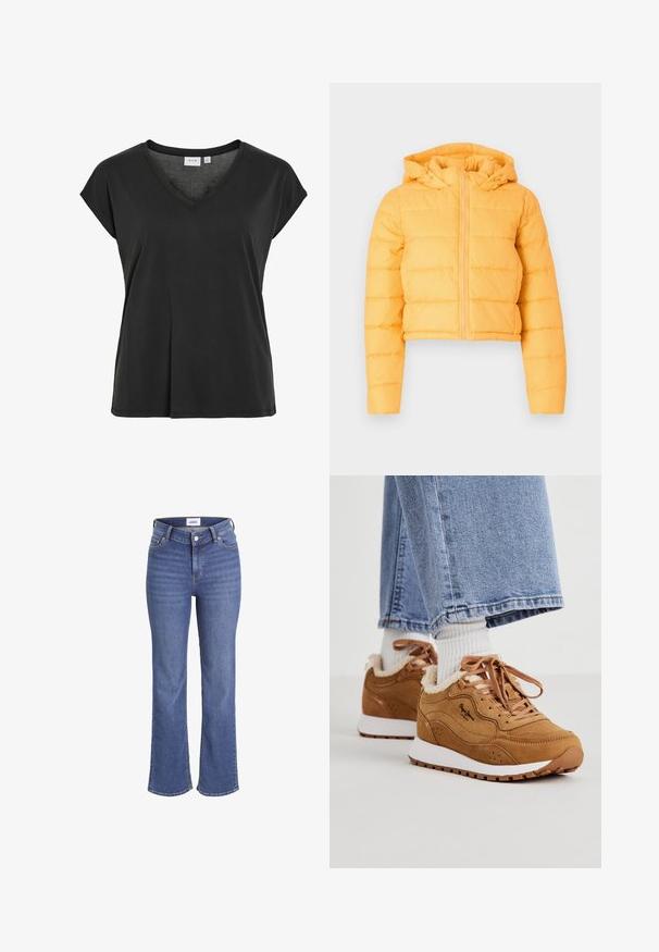 Gul cropped pufferjakke med hætte, med lodret quiltede sektioner og en frontlynlås. Blød stofstruktur.; Sort T-shirt med V-hals og kasketærmer, lavet af blødt materiale, med en afslappet pasform og minimal syningsdetalje.; Mørkeblå jeans i denim med høj talje, brede ben og et traditionelt fem-lomme design. Har synlig syning og lukning med en frontknap.; Brune ruskinds sneakers med hvide såler, pelsforing og brune snørebånd. Har perforerede detaljer og et sort logo på siden.