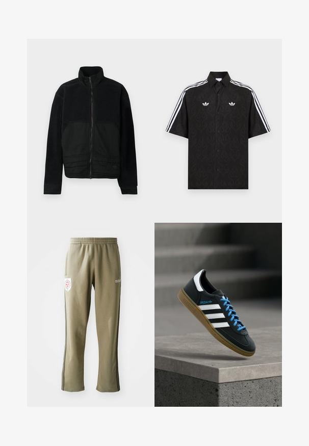 Must must jacket, millekonstruktsiooniga, fleece ülemise ja siledast kangast alumise osaga. Kõrge krae ja eesmine lukustus.; Must lühikeste varrukatega särk, millel on peen leekide muster, valged Adidas Trefoil logod rinnal ja valged kolmiktriibud varrukatel.; Oliivrohelised treeningpüksid elastse vöökoht käega, küljetaskud, mustad küljeribad ja logo asi reiel.; Must Adidas toss valgete triibu, siniste paelte ja kummist tallaga, hõljuv pehme valgusega halli betoonastme kohal.