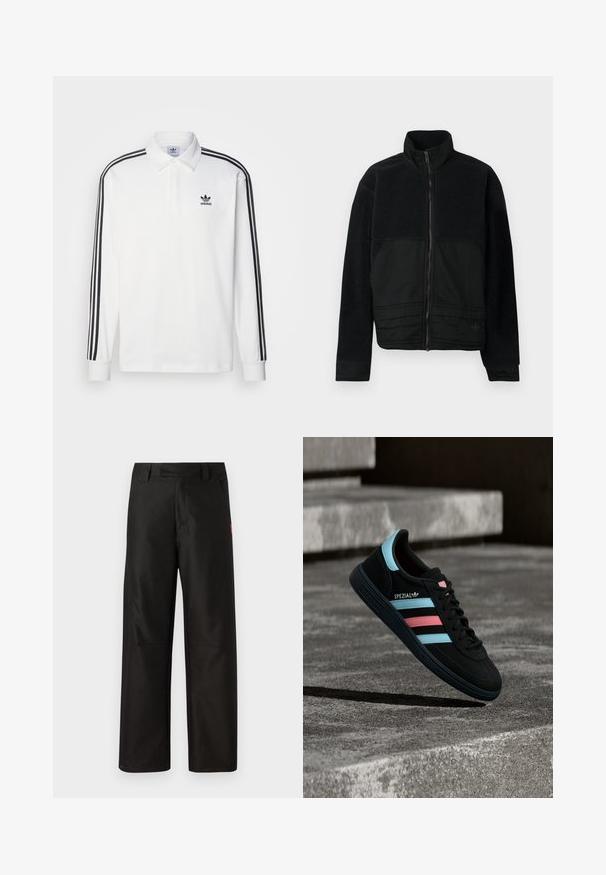 Must must jacket, millekonstruktsiooniga, fleece ülemise ja siledast kangast alumise osaga. Kõrge krae ja eesmine lukustus.; Valge pika varrukaga polo särk, millel on klassikaline krae, mustad kolm riba aktsendid varrukatel ja väike must logo rinnal.; Mustad mustad püksid, mis on valmistatud sileda koega, siledat esiosa, vöökohaga ja kahe külgtaskuga. Küljel punane brändi logo aktsent.; Must Adidas Spezial toss siniste ja roosade triipudega, hõljumas tekstuurse halli betoonpinna kohal, all varjuga.