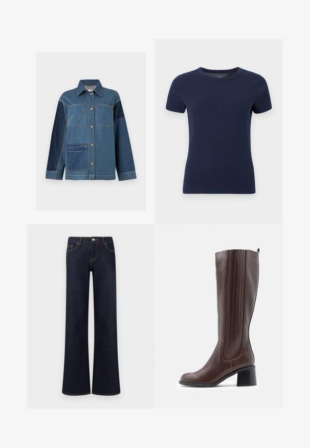 Jeansjack met knopen, opgestikte zakken, contrasterende donkere jeansmouwen en een onafgewerkte zoom op de onderste linkerzak.; Marineblauw geribd gebreid T-shirt met korte mouwen, ronde hals en aansluitende pasvorm op een witte achtergrond.; Donkerblauwe denim jeans met wijde pijpen, voorzakken, knoop- en ritssluiting, en zichtbare contrasterende stiksels.; Bruine leren laars tot aan de knie met verticale stiksels, een afgeronde neus en een blokhak. Glad oppervlak en minimalistisch ontwerpdetail.