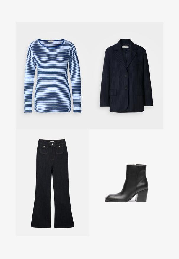 Mørkeblå blazer med hvide striber, en-knaps design, med klapkrave, to forlommer og knaplukning med to knapper. Glat stoftekstur.; Langærmet skjorte med scoop-hals, prydet med skiftende blå og hvide vandrette striber. Fremstillet af blødt, letvægtsstof.; Sorte denim jeans med høj talje, flared ben, to frontlommer og orange syninger. Materialet ser solidt og glat ud.; Sort læder ankelstøvle med firkantet tå og kraftig blokhæl. Glat tekstur og minimalistisk design. Sidelukning for nem påklædning.