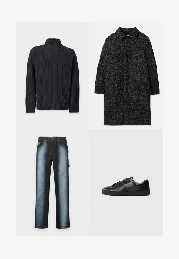 Manteau long avec col en tissu texturé noir et gris, comportant cinq boutons sur le devant et des poches latérales.; Pull noir en maille épaisse avec manches longues et col roulé côtelé haut sur fond blanc.; Jean bleu foncé avec un design ombré, passant d'un noir profond à un bleu plus clair, avec un style classique à cinq poches et une texture lavée claire.; Baskets en cuir noir avec une texture lisse, bout rond et fermeture à lacets. Comprend une semelle en caoutchouc épaisse et un minimum de détails de marque.