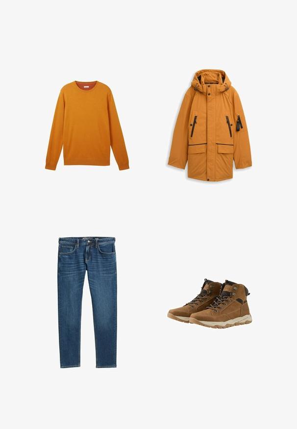 Orange isolierte Jacke mit Kapuze, ausgestattet mit Reißverschlusstaschen, einem Druckknopfverschluss vorne und kontrastierenden schwarzen Akzenten an den Reißverschlüssen.; Oranger Pullover mit langen Ärmeln, Rundhalsausschnitt, gerippten Bündchen und Saum, weicher Textur und einem kleinen Logo auf der Brust. Leichtes Strickgewebe.; Dunkelblaue Jeans im geraden Schnitt, mit fünf Taschen und sichtbaren Nähten an den Nähten. Mit Reißverschluss und Logo-Tag.; Braune Leder-Wanderschuhe mit strukturiertem Stoffkragen, metallenen Ösen und Gummisohle. Merkmale ein robustes Design und Schnürverschluss.
