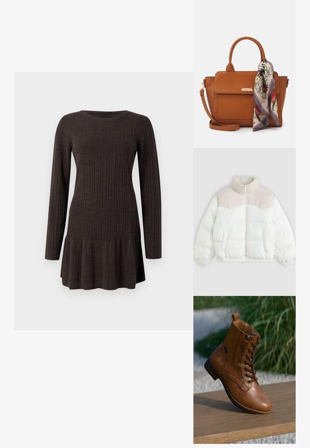 Daunenjacke mit hohem Kragen, cremefarbenem oberen Abschnitt und weißem Körper, gesteppte Textur, Fronttaschen und elastischen Bündchen.; Gestreiftes braunes Kleid mit langen Ärmeln und schwingendem Saum. Hergestellt aus einem weichen, strukturierten Material, das eine figurschmeichelnde Silhouette bietet.; Brauner Leder-Stiefelette mit seitlichem Reißverschluss und Schnürsenkeln, auf einer Holzoberfläche im Freien platziert, mit unscharfem Grün im Hintergrund.; Braune Leder-Handtasche mit strukturiertem Design. Sie verfügt über einen Frontklappenverschluss, zwei Tragegriffe, einen abnehmbaren Schultergurt und einen floralen Schal, der an einer Seite gebunden ist.
