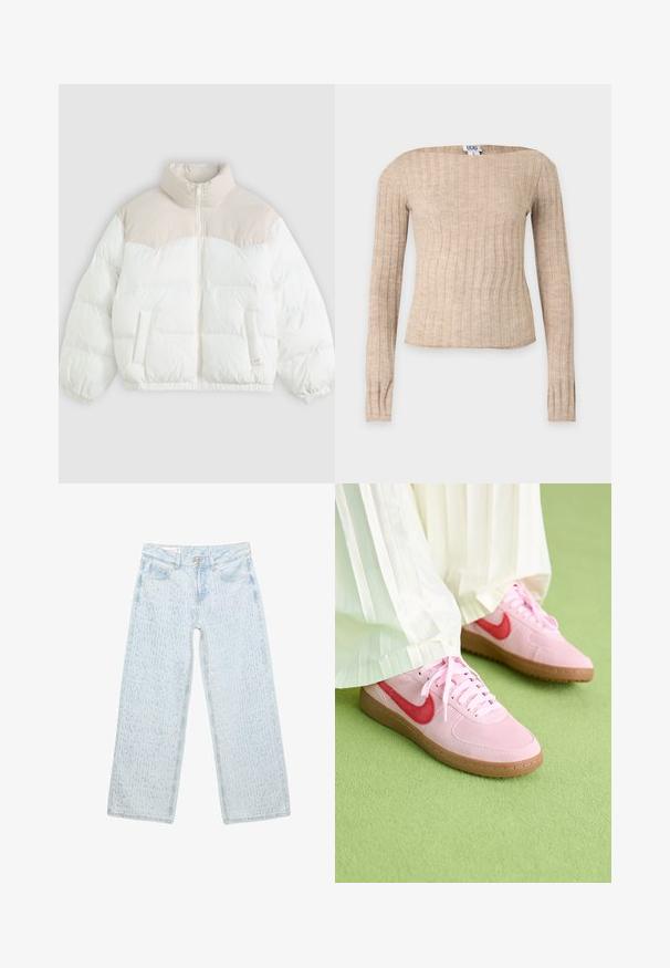 Gewatteerde jas met hoge kraag, met een crèmekleurig bovenpaneel en een witte body, geborduurd oppervlak, voorzakken en elastische manchetten.; Beige geribbelde gebreide trui met lange mouwen, boothals, slim fit en een klein BDG merklabel in de kraag.; Lichtblauwe jeans met wijde pijpen, versierd met kleine fonkelende strassteentjes aan de voorkant en een dubbele knoopsluiting in de taille.; Roze suède sportschoenen met een rood logo en bijpassende veters. De zool is van lichtbruin rubber. Draag ze met witte geplooide broeken op een groene ondergrond.