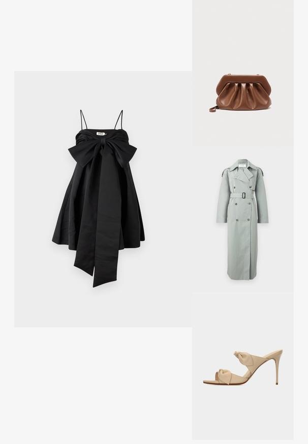 Helehall kaherealne tuulejope lai kraega, vööga vöökohal, pikad varrukad ja nupuga õlapaelad.; AMUR ROSE BABY DOLL DRESS - Kokteilikleit/peokleit - black; Beež avatud varbaga kõrge kontsaga sandaal, kahel keeratud sõlmekujulisel rihmal ja õhukese kontsaga, valgel taustal.; Pruun nahast kott, millel on kortsuline disain ja struktuurne ülaserv, väikese randmerihma ning kuldsete kinnitusdetailidega.