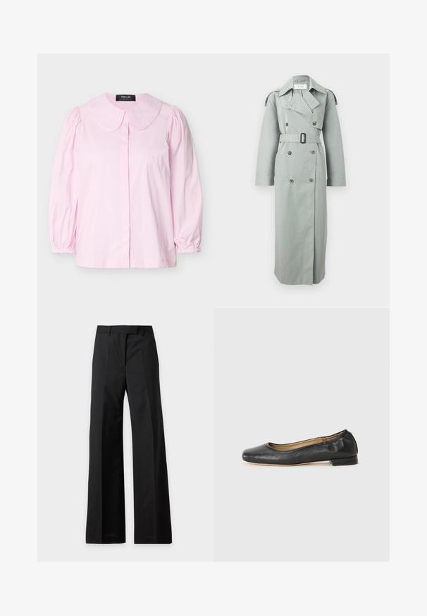 Trench-coat gris clair à double boutonnage avec grand col, ceinture à la taille, manches longues et pattes d'épaule boutonnées.; Blouse rose clair à manches longues avec col arrondi, épaules froncées, poignets élastiques et fermeture boutonnée cachée à l'avant, présentée sur un fond blanc.; Pantalon noir taille haute à jambes larges avec plis devant et passants pour ceinture, présenté sur fond blanc.; Ballerines en cuir noir avec un bout arrondi et des coutures minimales. Talon bas et rectangulaire avec une texture lisse. Détails subtils de doublure intérieure.
