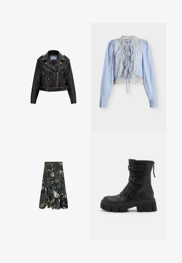 Sort læder bikerjakke med sølvnitter på kraven, flere lynlåse og knaplommer, tætsiddende design og med bælte i taljen.; Lyseblå cropped bluse med lange ærmer og puffede skuldre, hvid blomsterbroderi, blonderkant og tre bundne sløjfer ned foran.; Sort midi-nederdel med fugle- og blomsterprint, asymmetrisk kant og indsamlet detalje på den ene side.; Even&Odd Cowboy- / bikerstøvlette - black