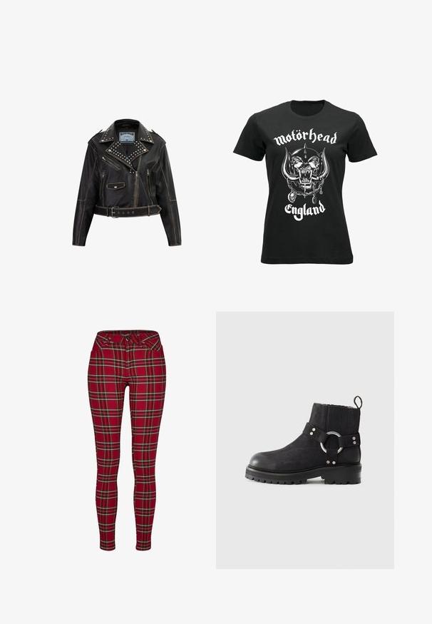 Sort læder bikerjakke med sølvnitter på kraven, flere lynlåse og knaplommer, tætsiddende design og med bælte i taljen.; rockshirts MOTÖRHEAD ENGLAND - T-shirts print - black; Røde ternede skinny jeans med en tætsiddende design, der har gule og sorte striber, knaplukning og standard for- lommer.; Sorte ankelstøvler med rund tå, tekstureret overdel, elastiske sidepaneler og en dekorativ sølvring som accent. Kraftig sål med groft mønster.