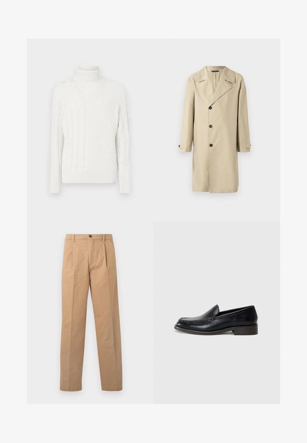 Trench-coat beige avec un col cranté, fermeture à double boutonnage, manches longues et poches latérales. Tissu lisse avec une coupe ajustée.; Pull col roulé blanc avec des motifs de tricot variés, y compris des textures en câble et en gaufre, avec des manches longues et des poignets et un ourlet côtelés.; Pantalons kaki avec une coupe droite, confectionnés en tissu coton ; dotés d'une fermeture à un bouton et de deux plis sur le devant.; Mocassin en cuir noir pour homme avec une couture sur le bout, un petit talon en bois et un design sans lacets sur un fond clair.