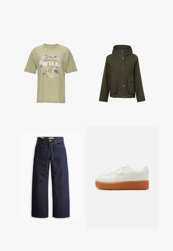 Olijfgroene capuchonjas met drukknoopsluiting en twee voorzakken, waarvan één zak een klein geel geborduurd merkembleem heeft.; Olijfgroene katoenen t-shirt met korte mouwen, met een bloemen grafisch ontwerp en de tekst "WILD Flowers" in het wit binnen een driehoek.; Wijd pijpjes donkerblauwe denim jeans met een hoge taille, voorzien van een trekkoord, vijf zakken en contrasterende stiksels.; Witte lage sneaker met dikke bruine rubberen zool, gestikte zijkantdetails en vetersluiting met een klein klittenbandje.