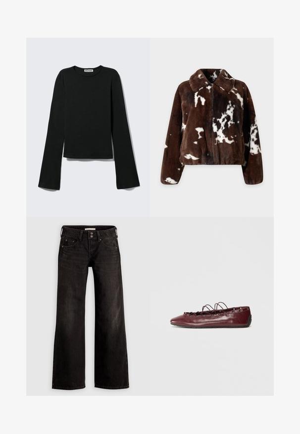 Brown and white faux fur jacket with a zip front, wide collar, and long sleeves, featuring a spotted pattern resembling cowhide.; Black long-sleeve crewneck shirt with a fitted silhouette and slightly flared sleeves, labeled with "Weekday" brand tag at the neckline.; Black wide-leg jeans with a lightly faded finish, featuring front pockets, a zipper fly, and a button closure. Made from denim fabric.; Burgundy leather ballet flat with a pointed toe, lace detailing across the front, and silver eyelets. Soft sole for flexibility and comfort.